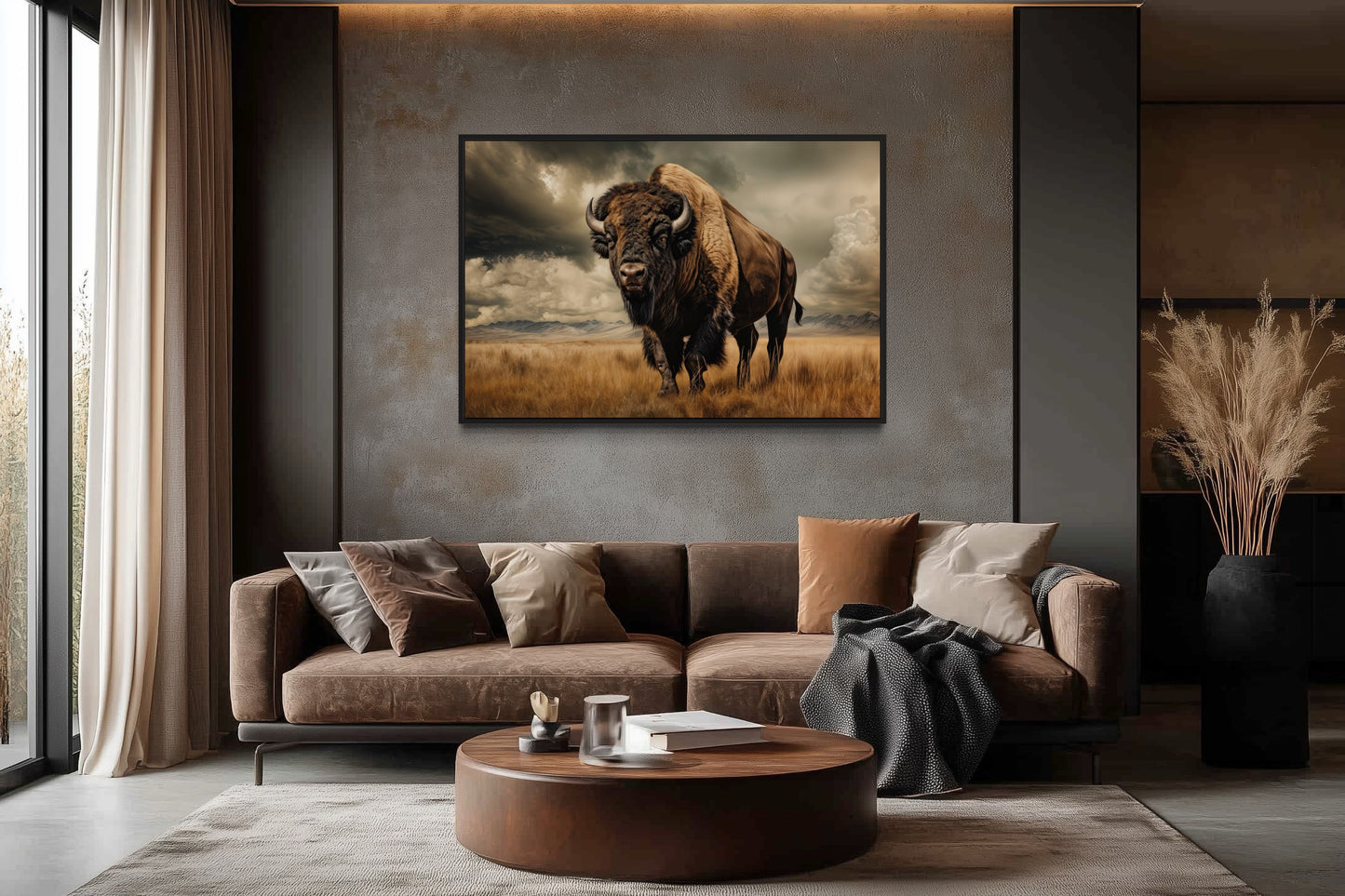 Buffalo In The Wild Framed Canvas Wall Art For Mountain Cabin Decor