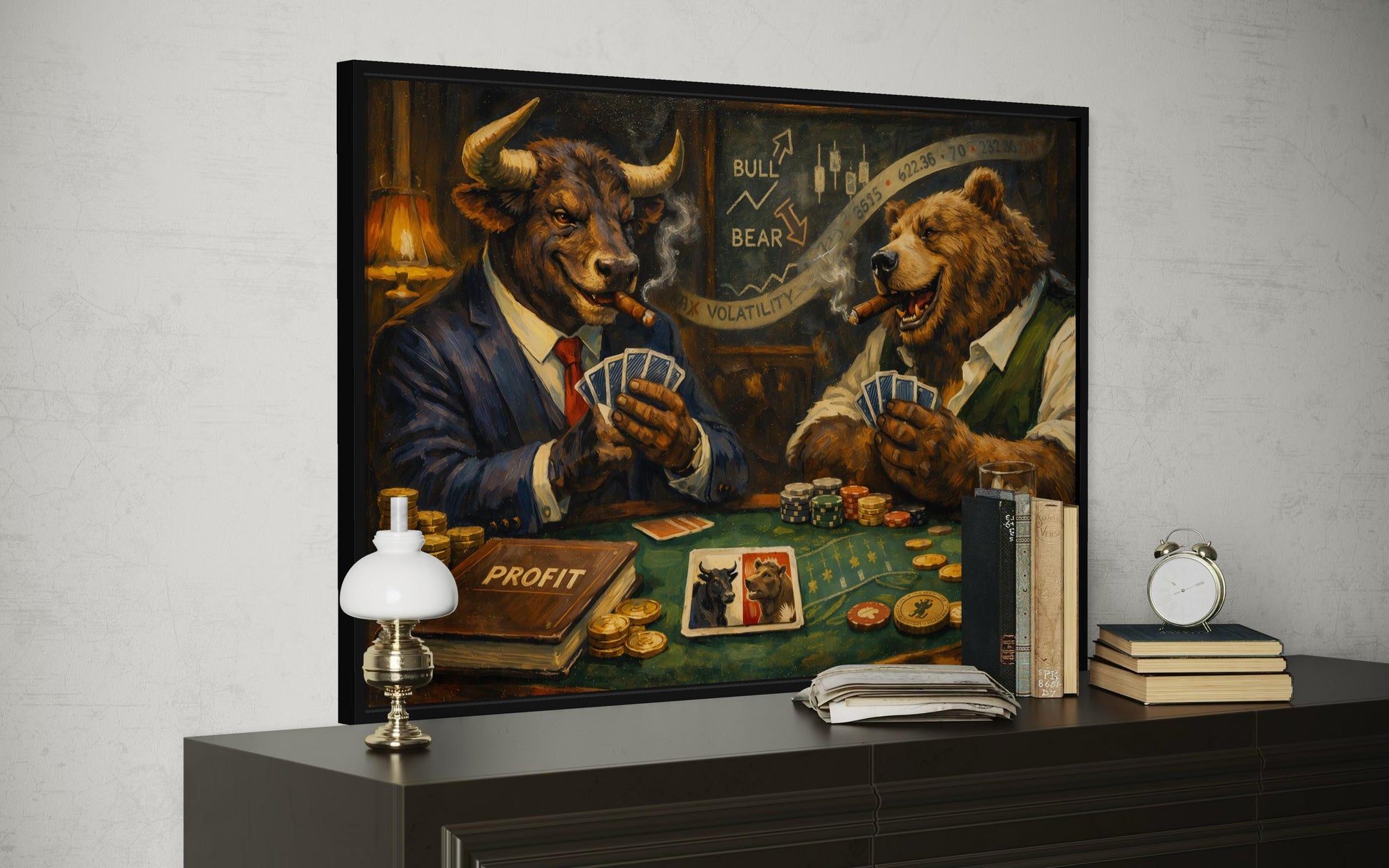 Bull And Bear Playing Poker Wall Art - Wall Street Canvas Print | Funny Men's Office Decor