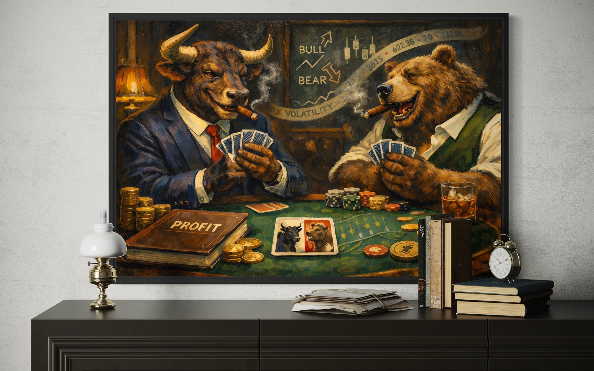 Bull And Bear Playing Poker Wall Art - Wall Street Canvas Print | Funny Men's Office Decor