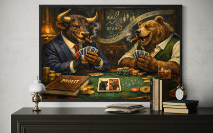 Bull And Bear Playing Poker Wall Art - Wall Street Canvas Print | Funny Men's Office Decor