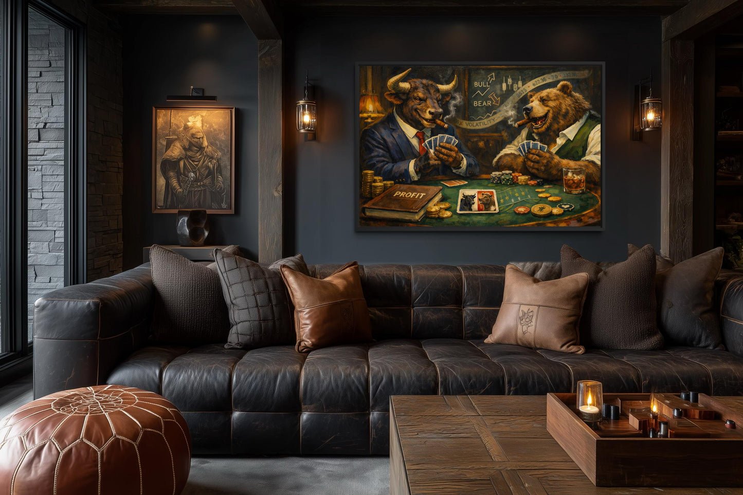 Bull And Bear Playing Poker Wall Art - Wall Street Canvas Print | Funny Men's Office Decor