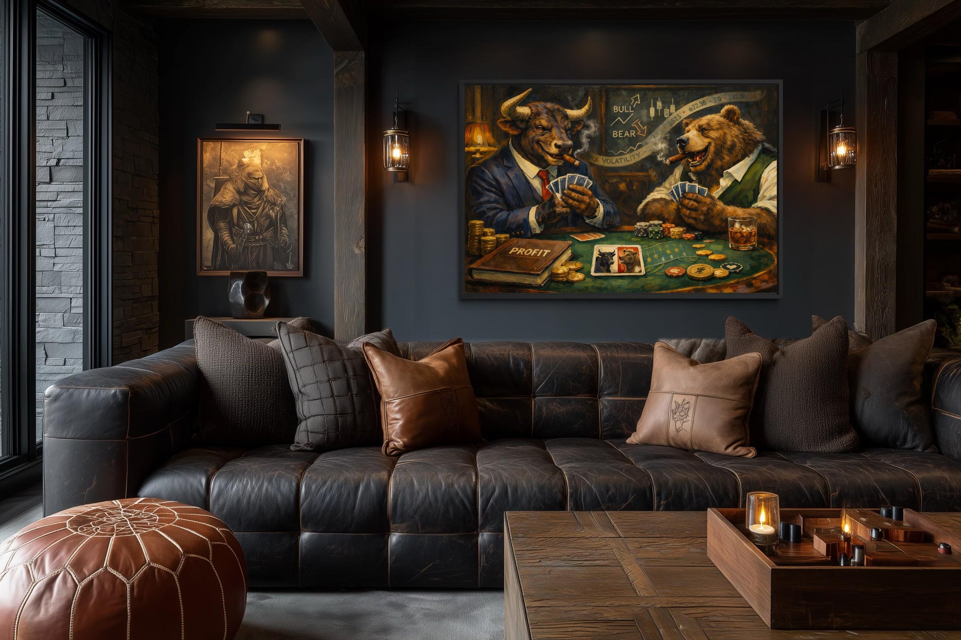 Bull And Bear Playing Poker Wall Art - Wall Street Canvas Print | Funny Men's Office Decor