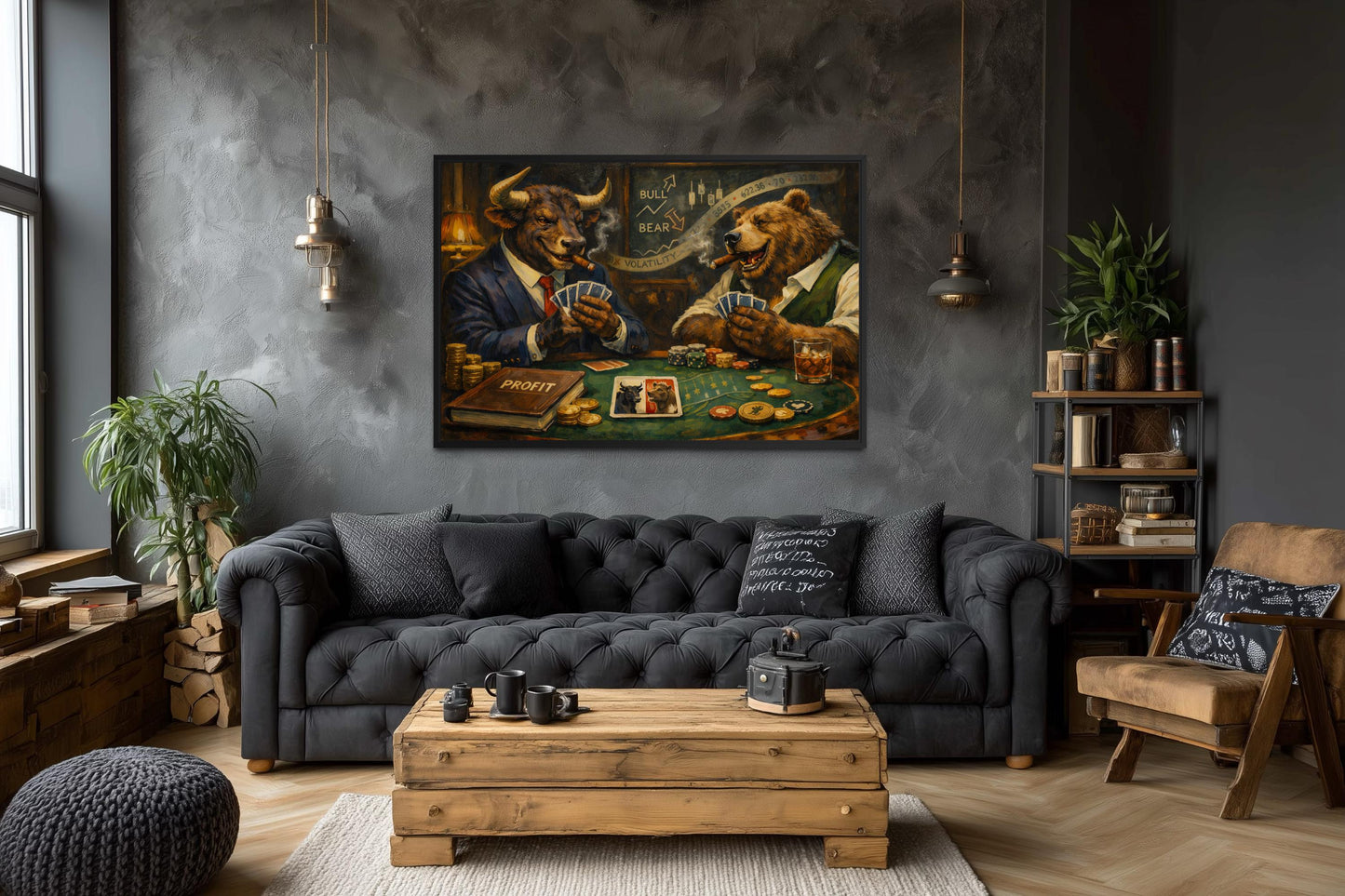 Bull And Bear Playing Poker Wall Art - Wall Street Canvas Print | Funny Men's Office Decor