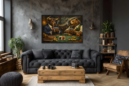 Bull And Bear Playing Poker Wall Art - Wall Street Canvas Print | Funny Men's Office Decor