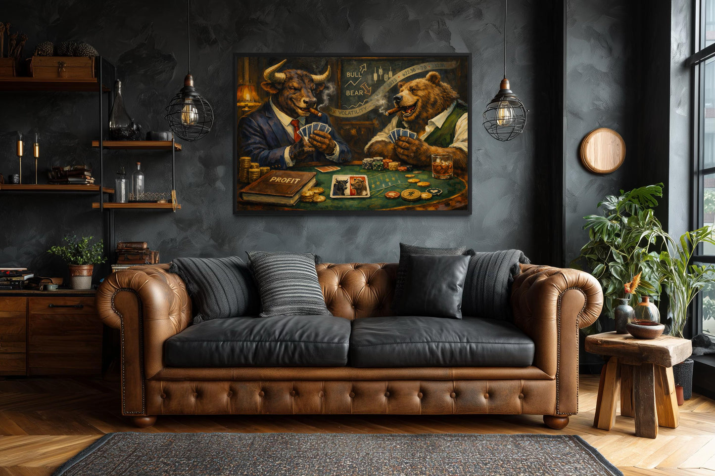 Bull And Bear Playing Poker Wall Art - Wall Street Canvas Print | Funny Men's Office Decor