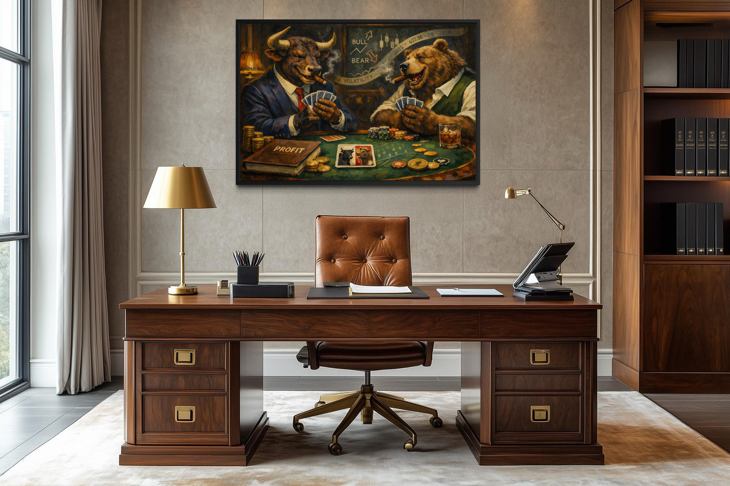 Bull And Bear Playing Poker Wall Art - Wall Street Canvas Print | Funny Men's Office Decor
