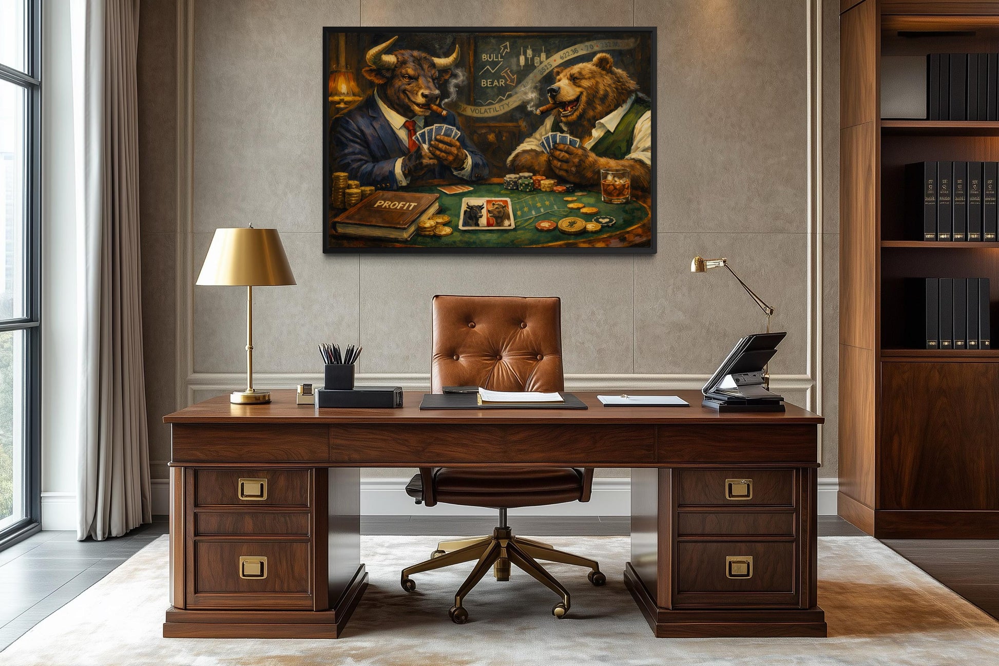 Bull And Bear Playing Poker Wall Art - Wall Street Canvas Print | Funny Men's Office Decor