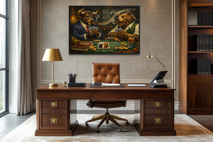 Bull And Bear Playing Poker Wall Art - Wall Street Canvas Print | Funny Men's Office Decor