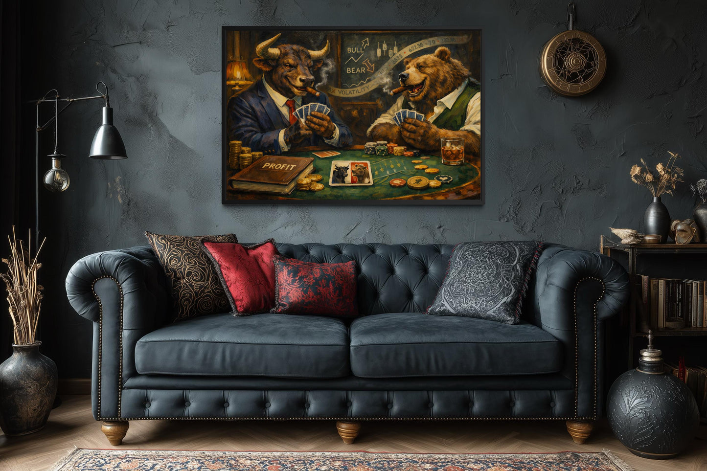 Bull And Bear Playing Poker Wall Art - Wall Street Canvas Print | Funny Men's Office Decor
