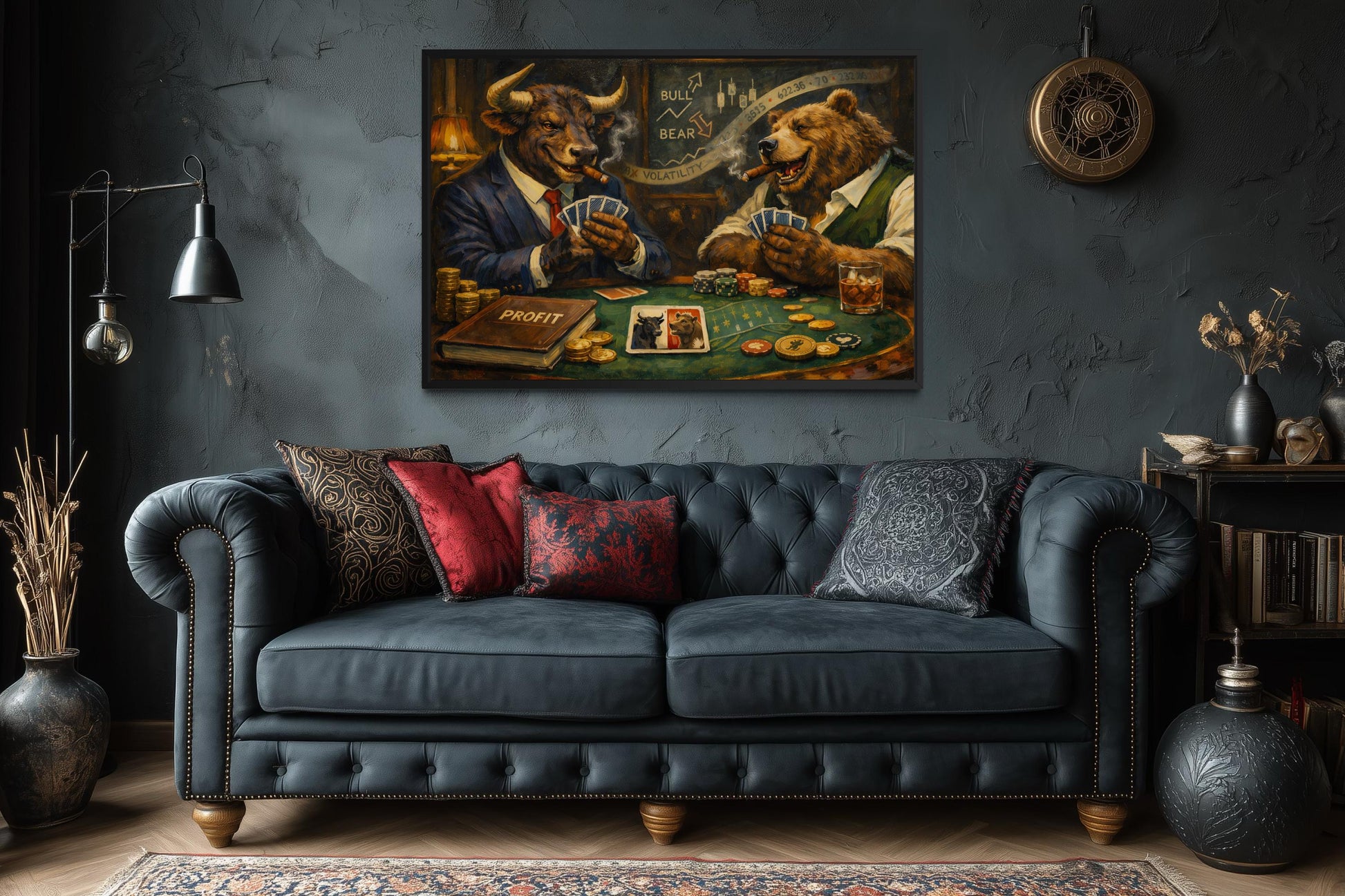 Bull And Bear Playing Poker Wall Art - Wall Street Canvas Print | Funny Men's Office Decor