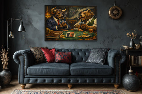 Bull And Bear Playing Poker Wall Art - Wall Street Canvas Print | Funny Men's Office Decor