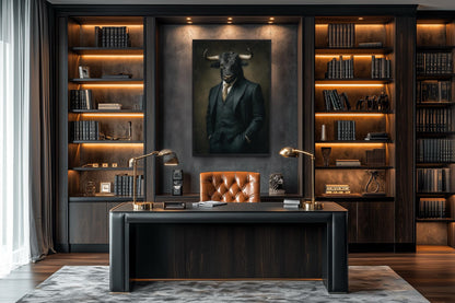 Bull In Suit Canvas - Powerful Boss Office Wall Art | Masculine Business Decor