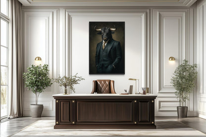 Bull In Suit Canvas - Powerful Boss Office Wall Art | Masculine Business Decor