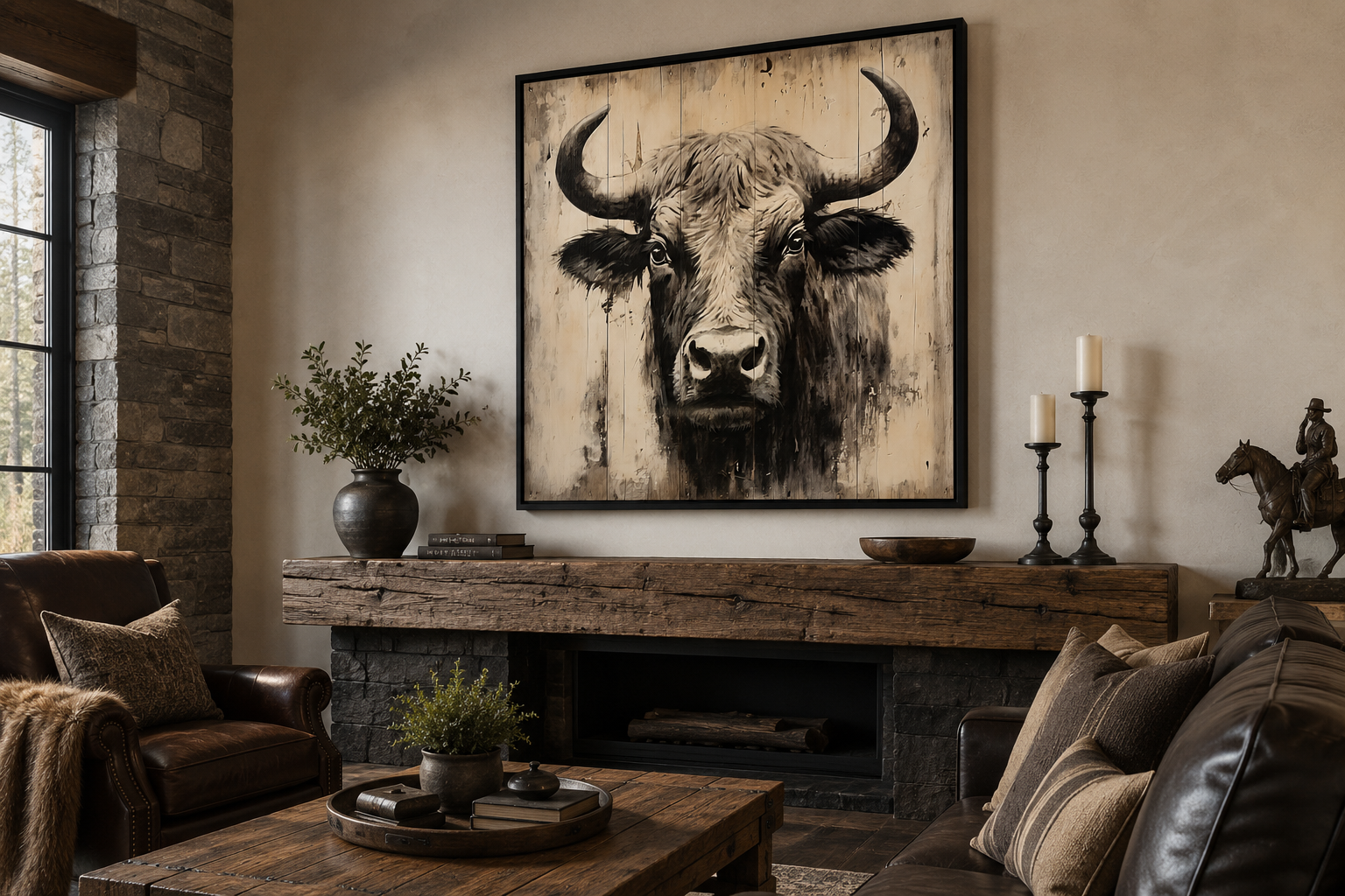 Bull Painting on Distressed Wood Rustic Framed Canvas Wall Art