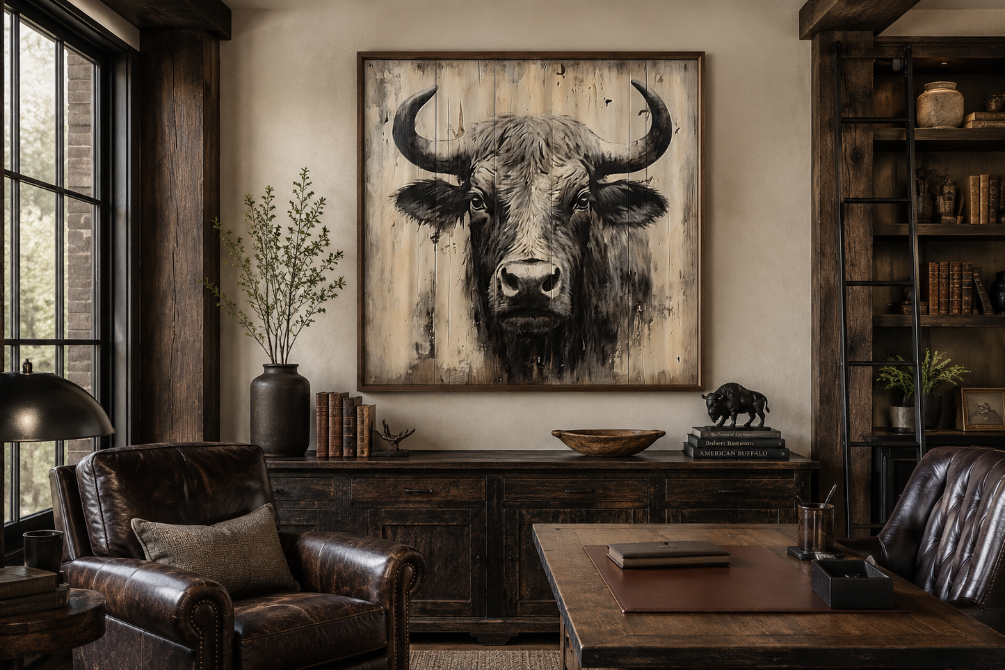 Bull Painting on Distressed Wood Rustic Framed Canvas Wall Art