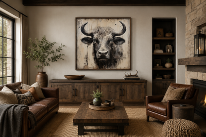 Bull Painting on Distressed Wood Rustic Framed Canvas Wall Art