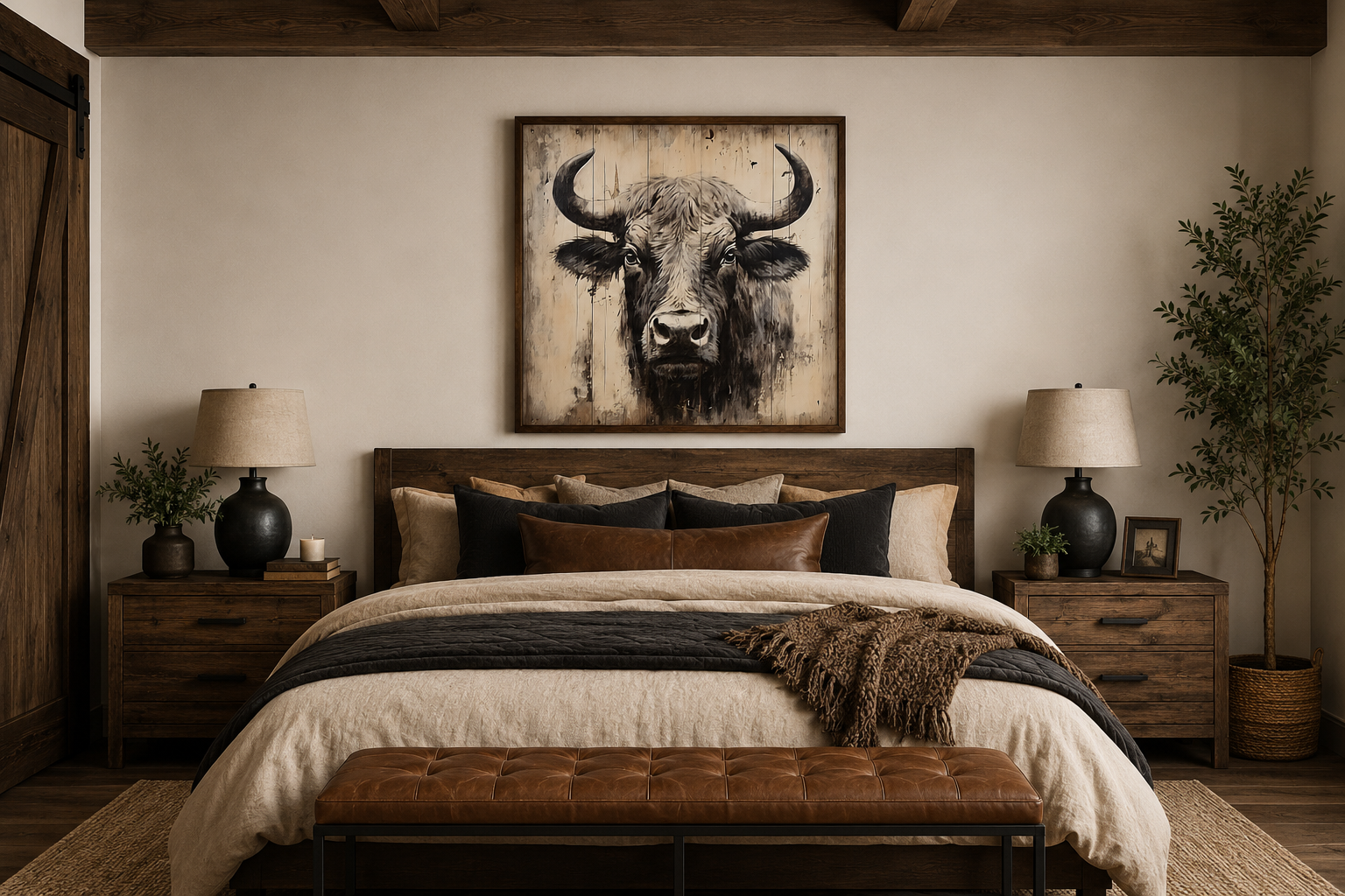 Bull Painting on Distressed Wood Rustic Framed Canvas Wall Art
