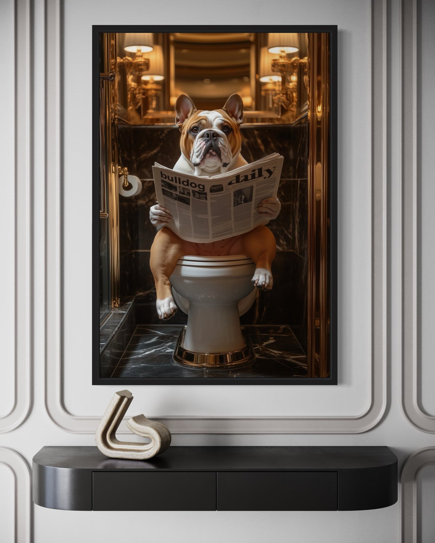 Bulldog On Toilet Reading Newspaper Bathroom Picture Canvas Wall Art