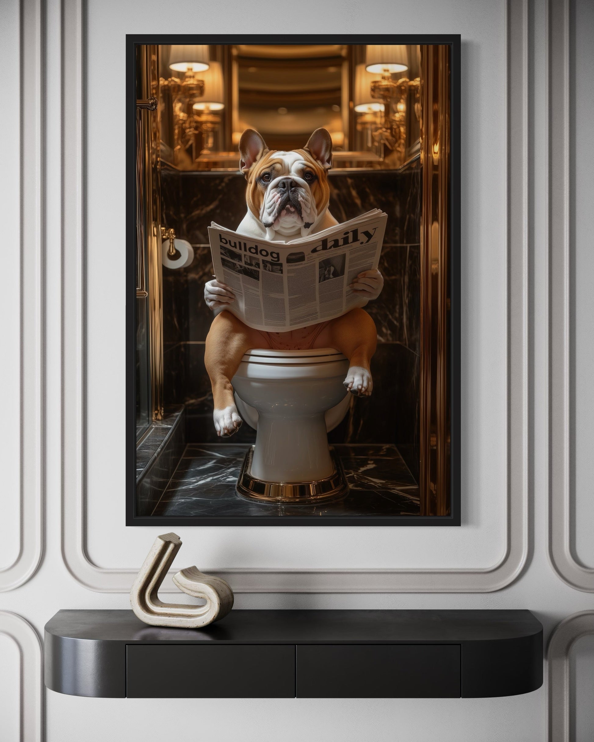 Bulldog On Toilet Reading Newspaper Bathroom Picture Canvas Wall Art
