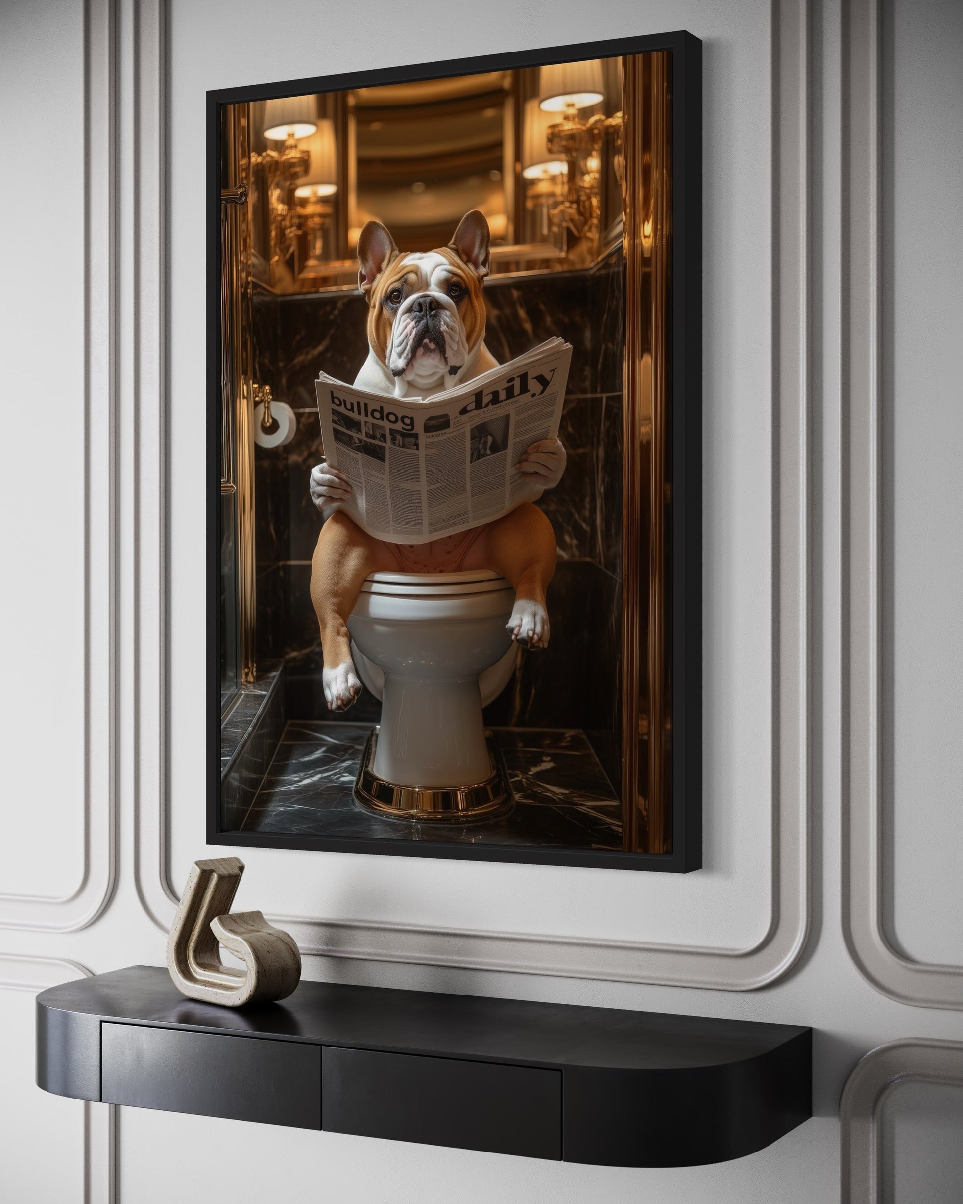 Bulldog On Toilet Reading Newspaper Bathroom Picture Canvas Wall Art