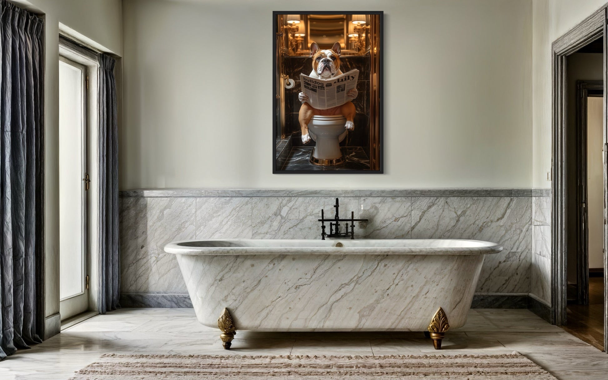 Bulldog On Toilet Reading Newspaper Bathroom Picture Canvas Wall Art