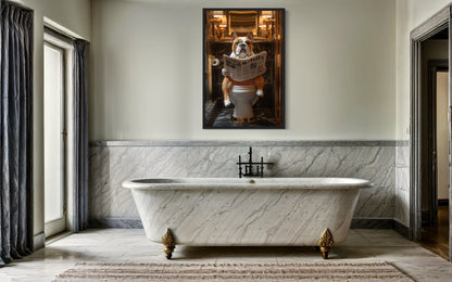 Bulldog On Toilet Reading Newspaper Bathroom Picture Canvas Wall Art