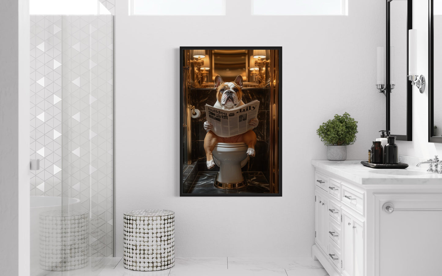 Bulldog On Toilet Reading Newspaper Bathroom Picture Canvas Wall Art