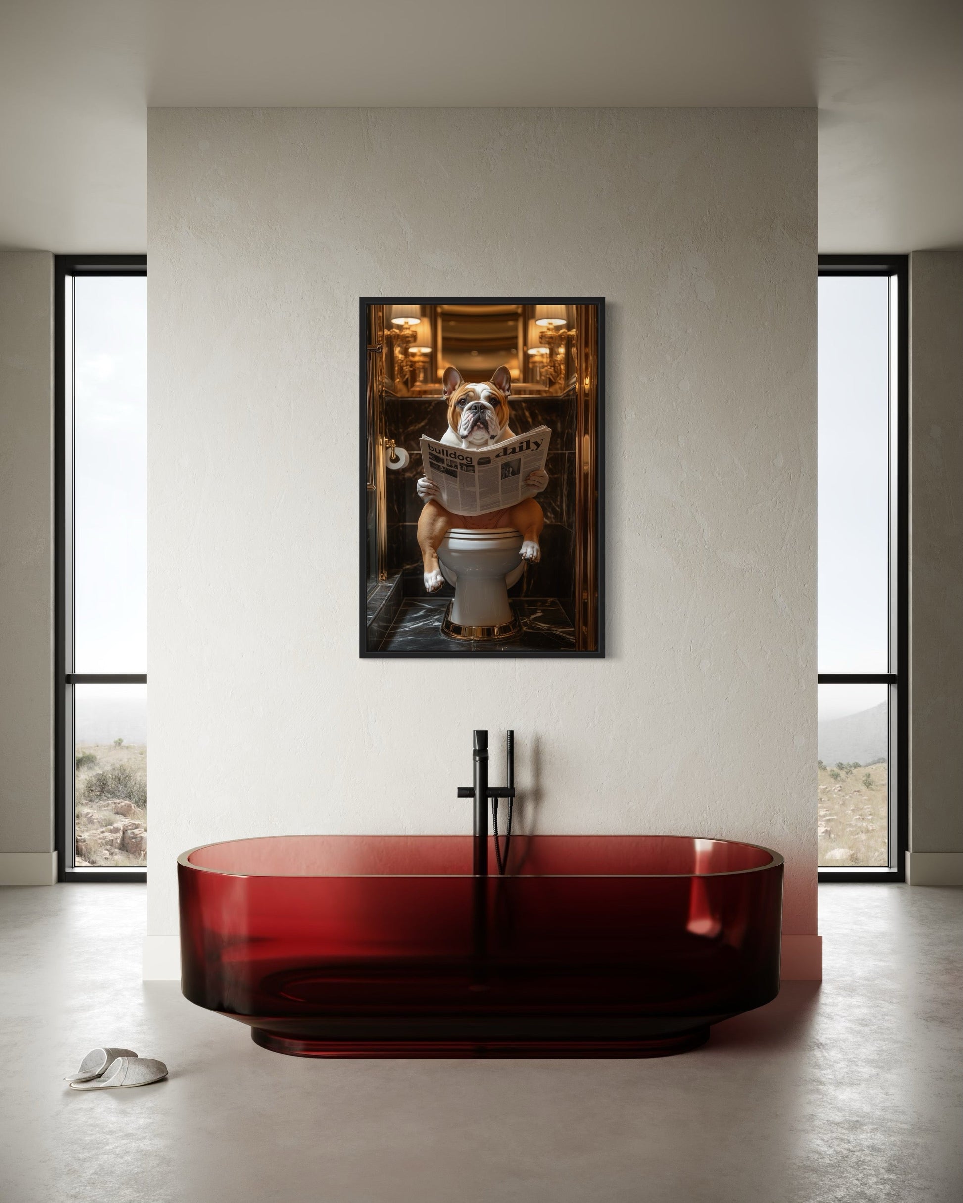 Bulldog On Toilet Reading Newspaper Bathroom Picture Canvas Wall Art