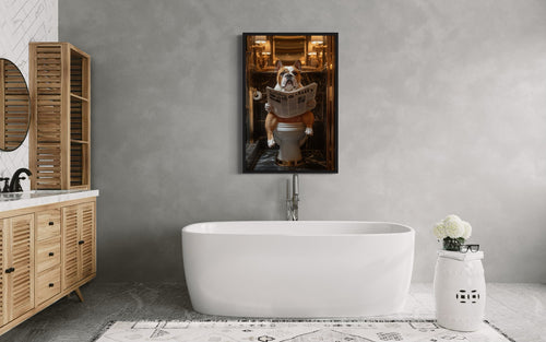 Bulldog On Toilet Reading Newspaper Bathroom Picture Canvas Wall Art