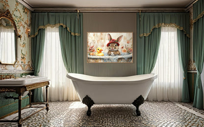 Bunny In Bathtub Framed Canvas Wall Art