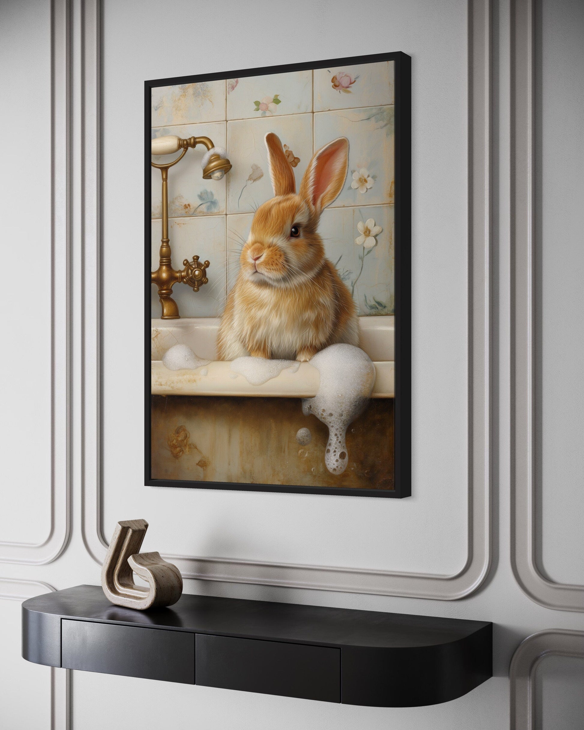 Bunny In The Bathtub Framed Canvas Wall Art