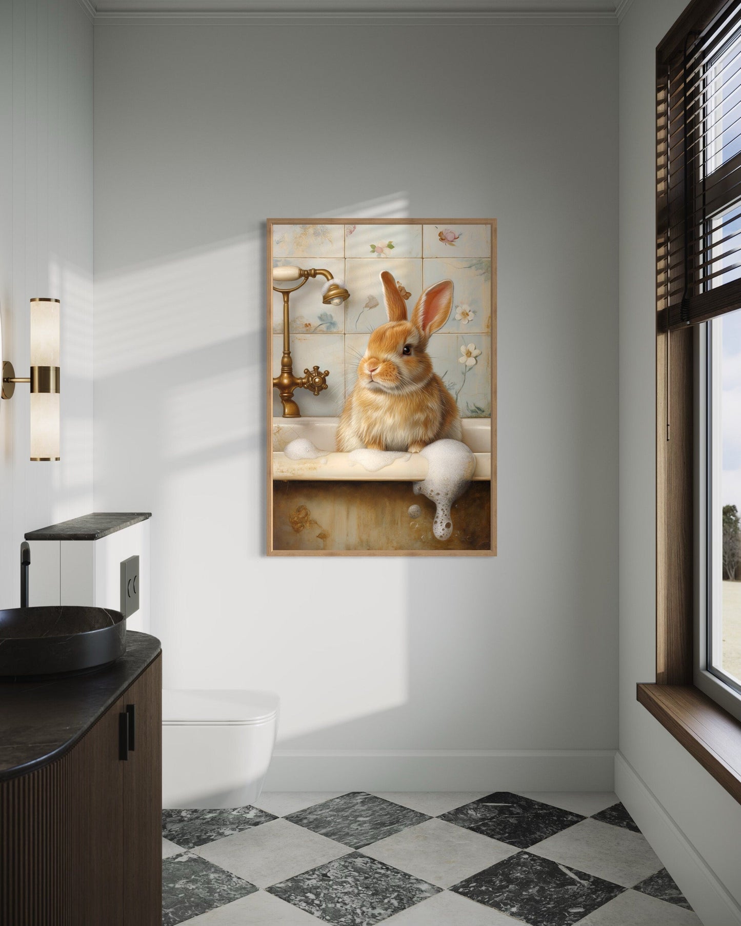 Bunny In The Bathtub Framed Canvas Wall Art