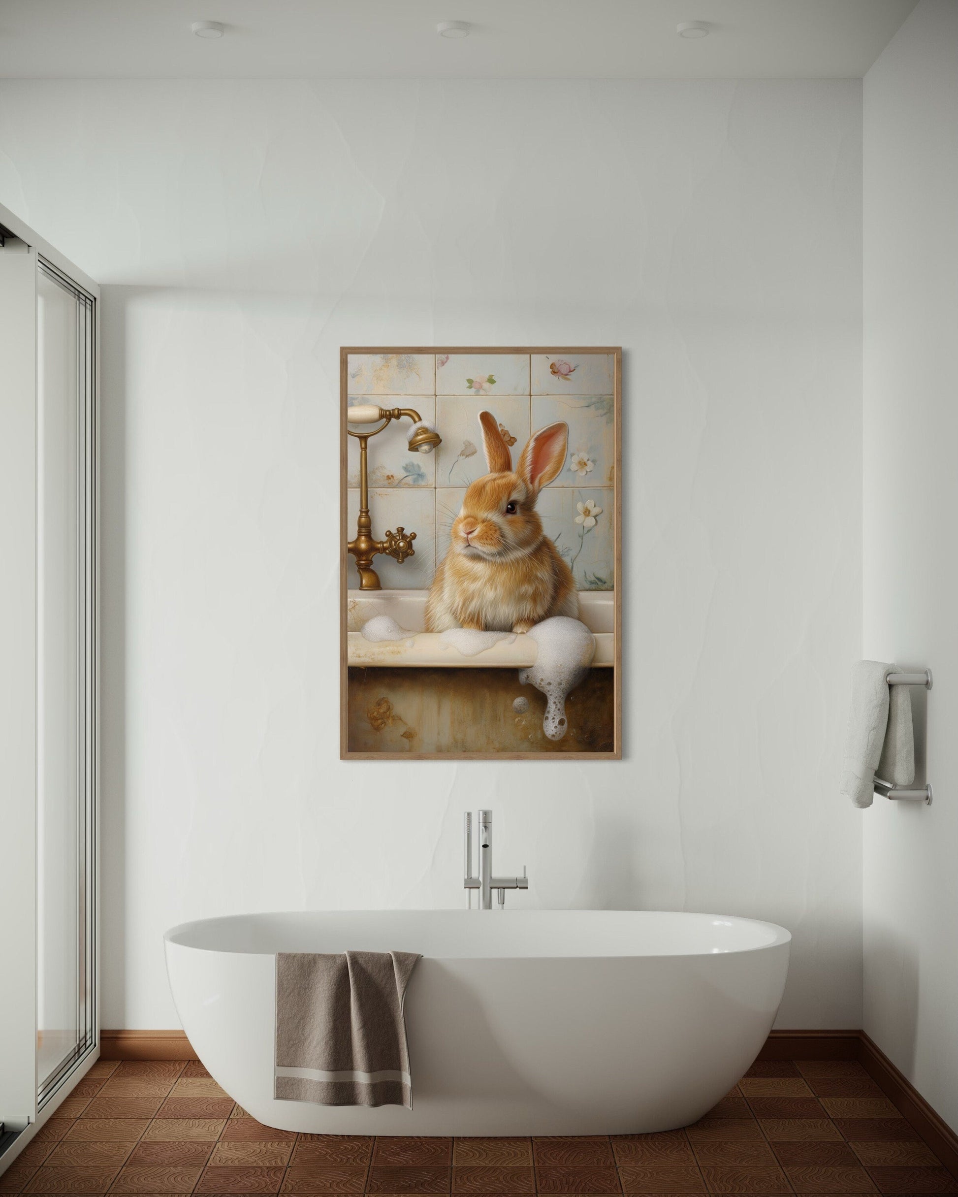 Bunny In The Bathtub Framed Canvas Wall Art