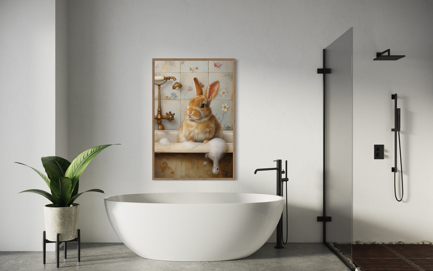 Bunny In The Bathtub Framed Canvas Wall Art
