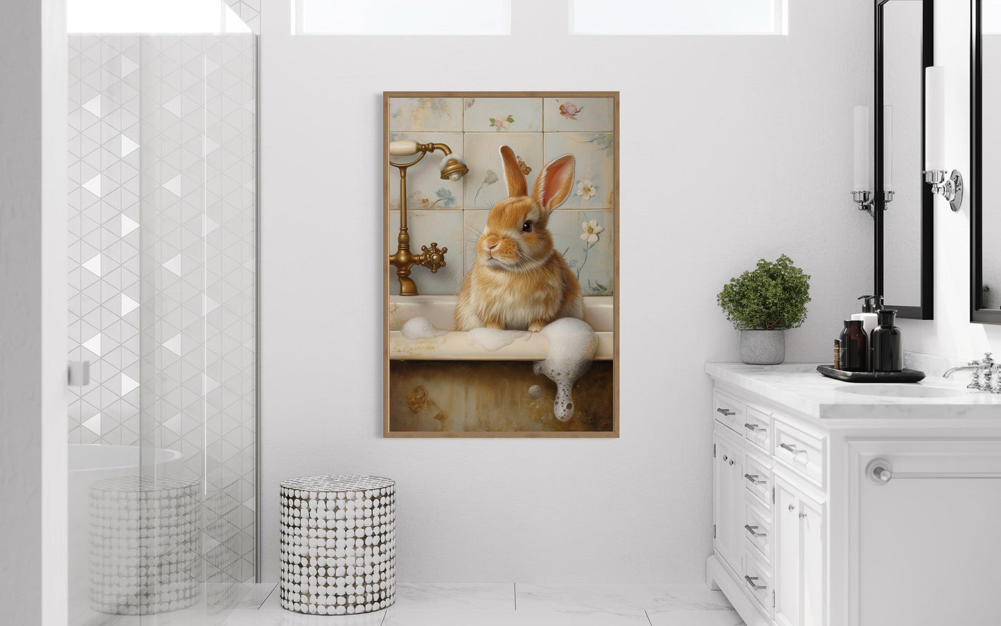 Bunny In The Bathtub Framed Canvas Wall Art