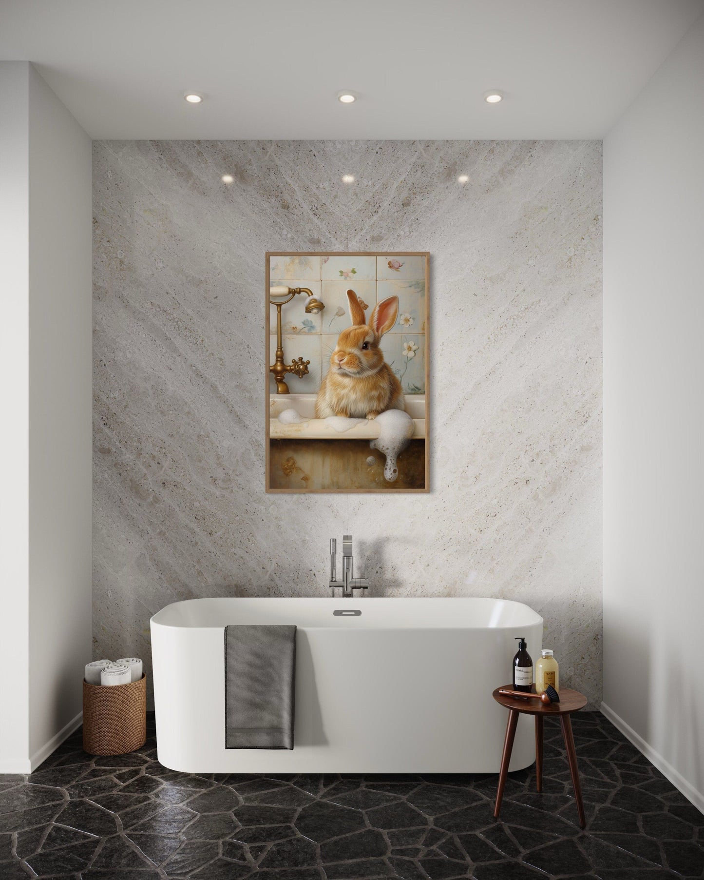 Bunny In The Bathtub Framed Canvas Wall Art