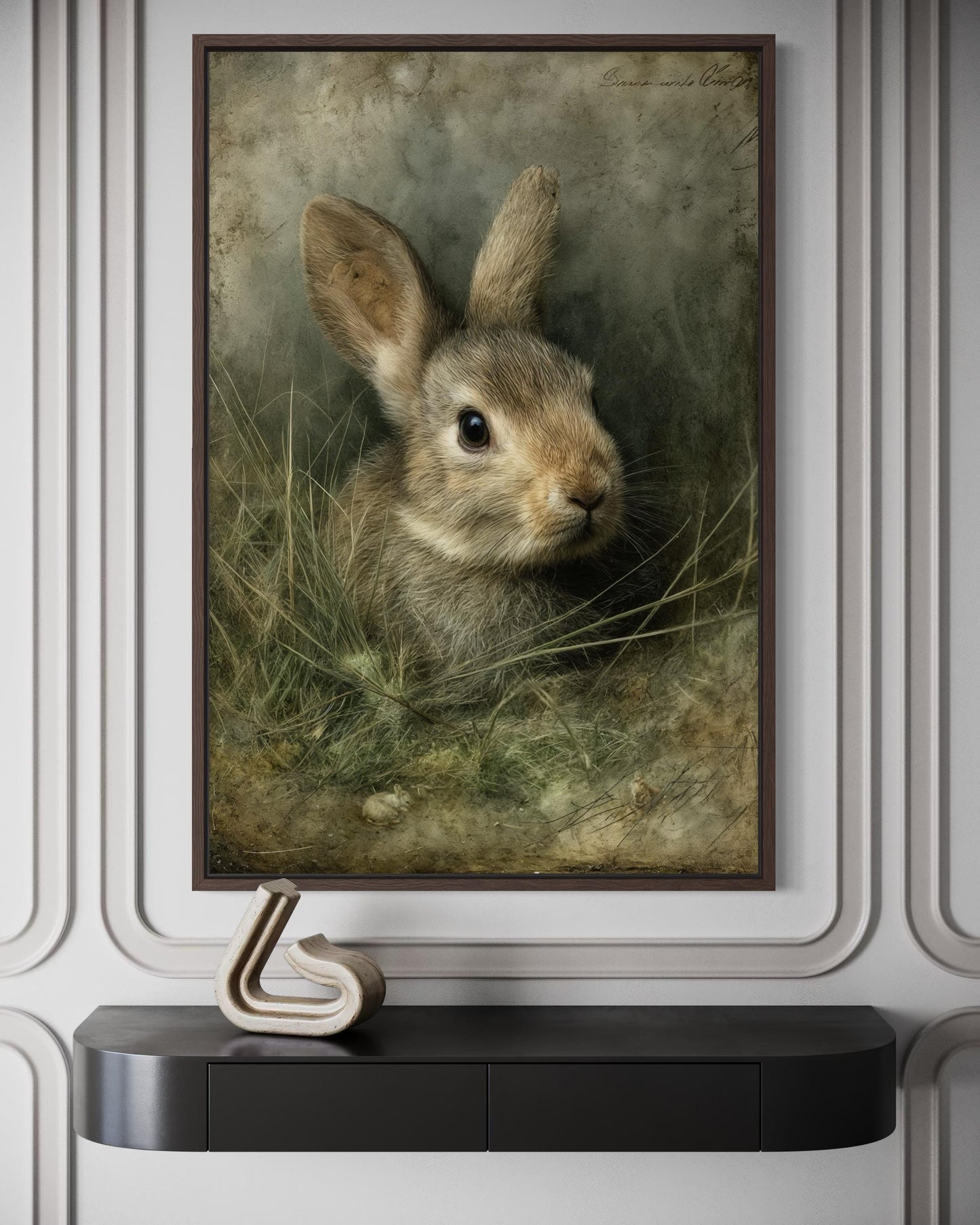 Bunny Wall Art - Vintage Rabbit Portrait on Canvas with Floating Frame Option