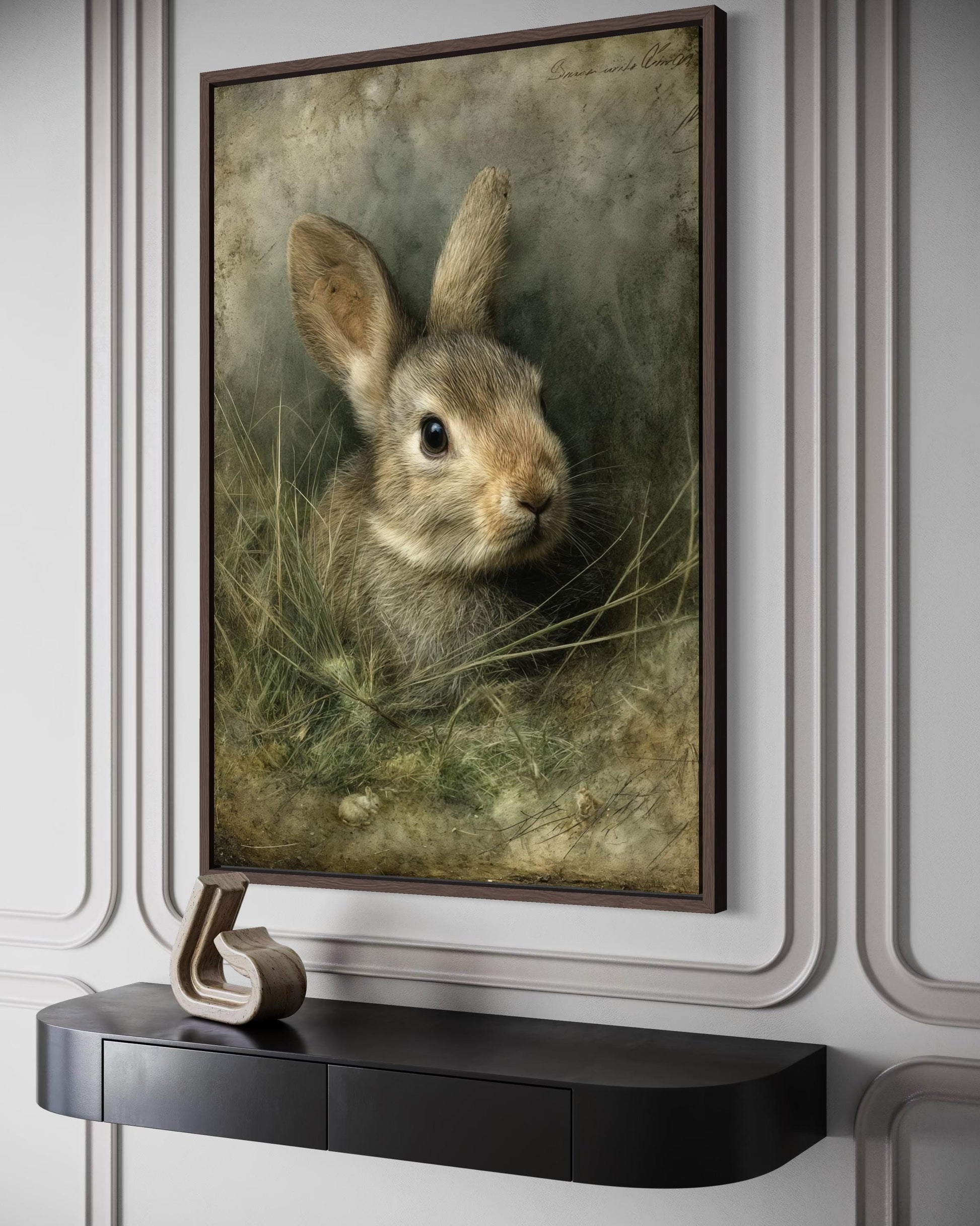 Bunny Wall Art - Vintage Rabbit Portrait on Canvas with Floating Frame Option