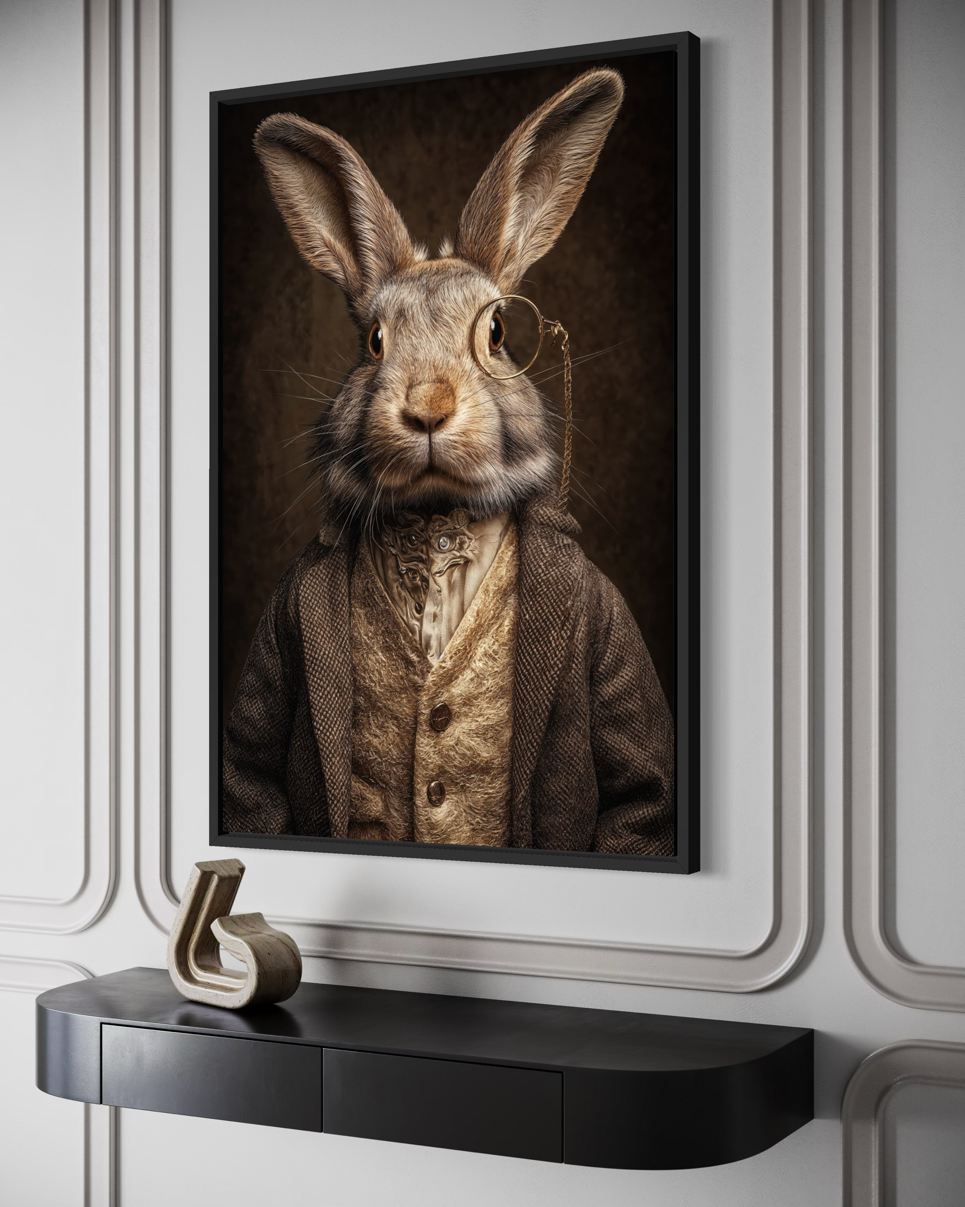 Bunny With Monocle Framed Canvas Wall Art