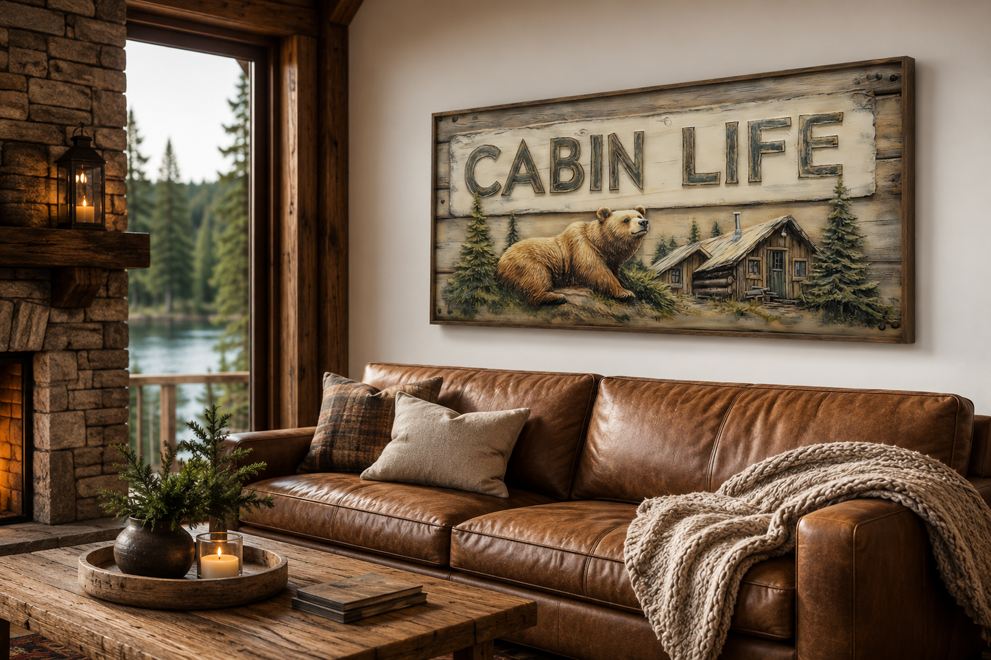 Cabin Life Sign With Log House And Bear Framed Canvas Wall Art