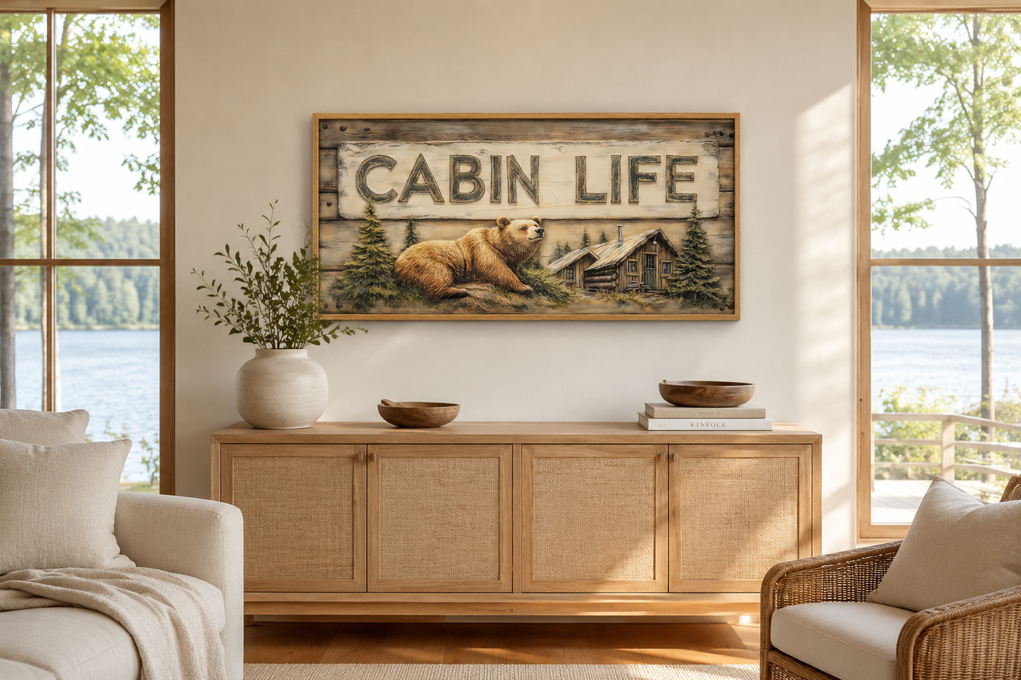 Cabin Life Sign With Log House And Bear Framed Canvas Wall Art