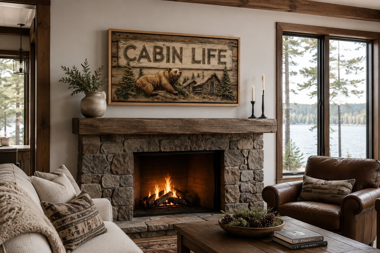 Cabin Life Sign With Log House And Bear Framed Canvas Wall Art