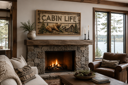 Cabin Life Sign With Log House And Bear Framed Canvas Wall Art