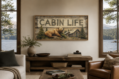 Cabin Life Sign With Log House And Bear Framed Canvas Wall Art