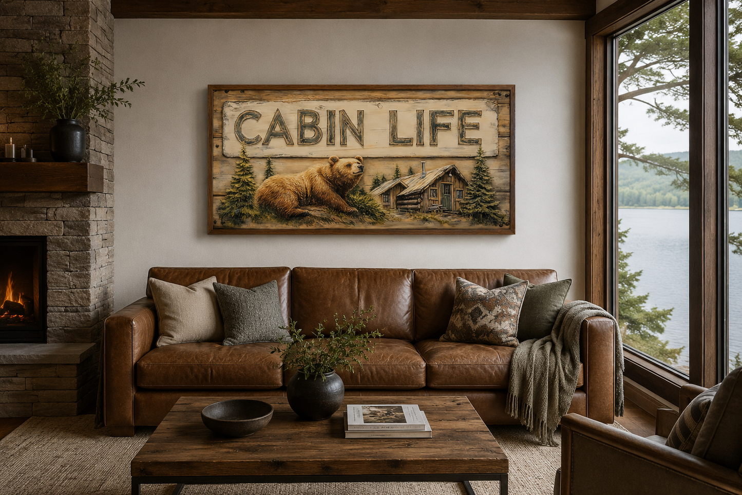 Cabin Life Sign With Log House And Bear Framed Canvas Wall Art