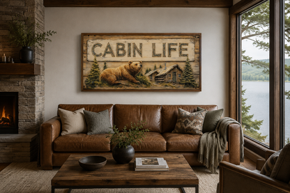 Cabin Life Sign With Log House And Bear Framed Canvas Wall Art