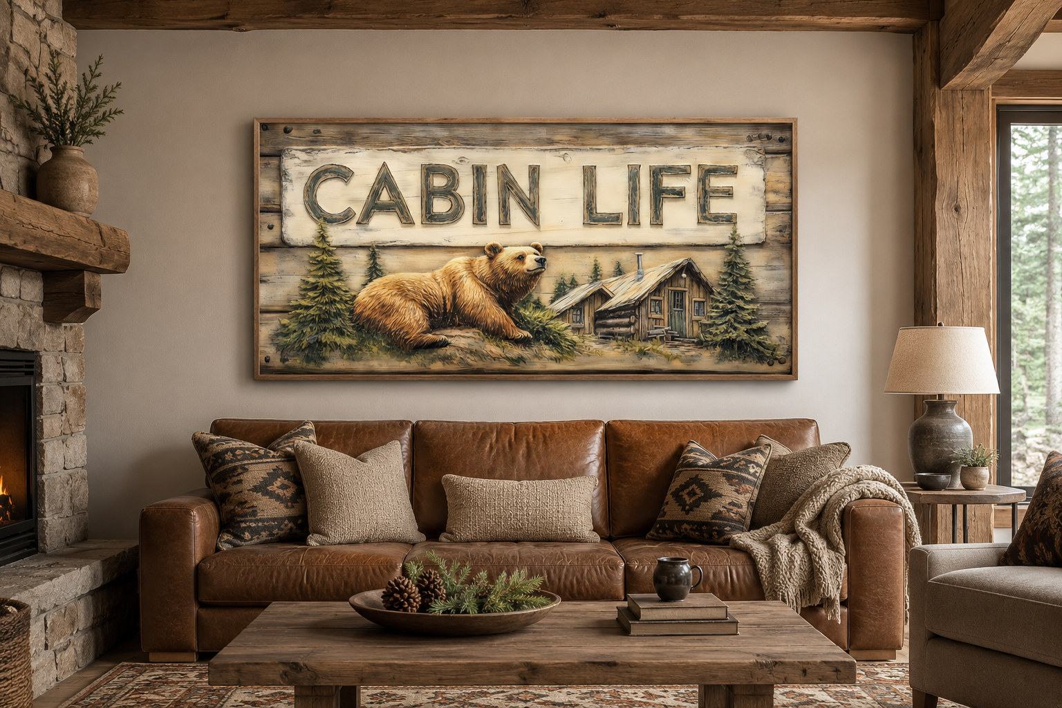 Cabin Life Sign With Log House And Bear Framed Canvas Wall Art