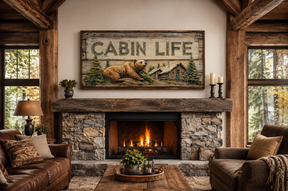 Cabin Life Sign With Log House And Bear Framed Canvas Wall Art