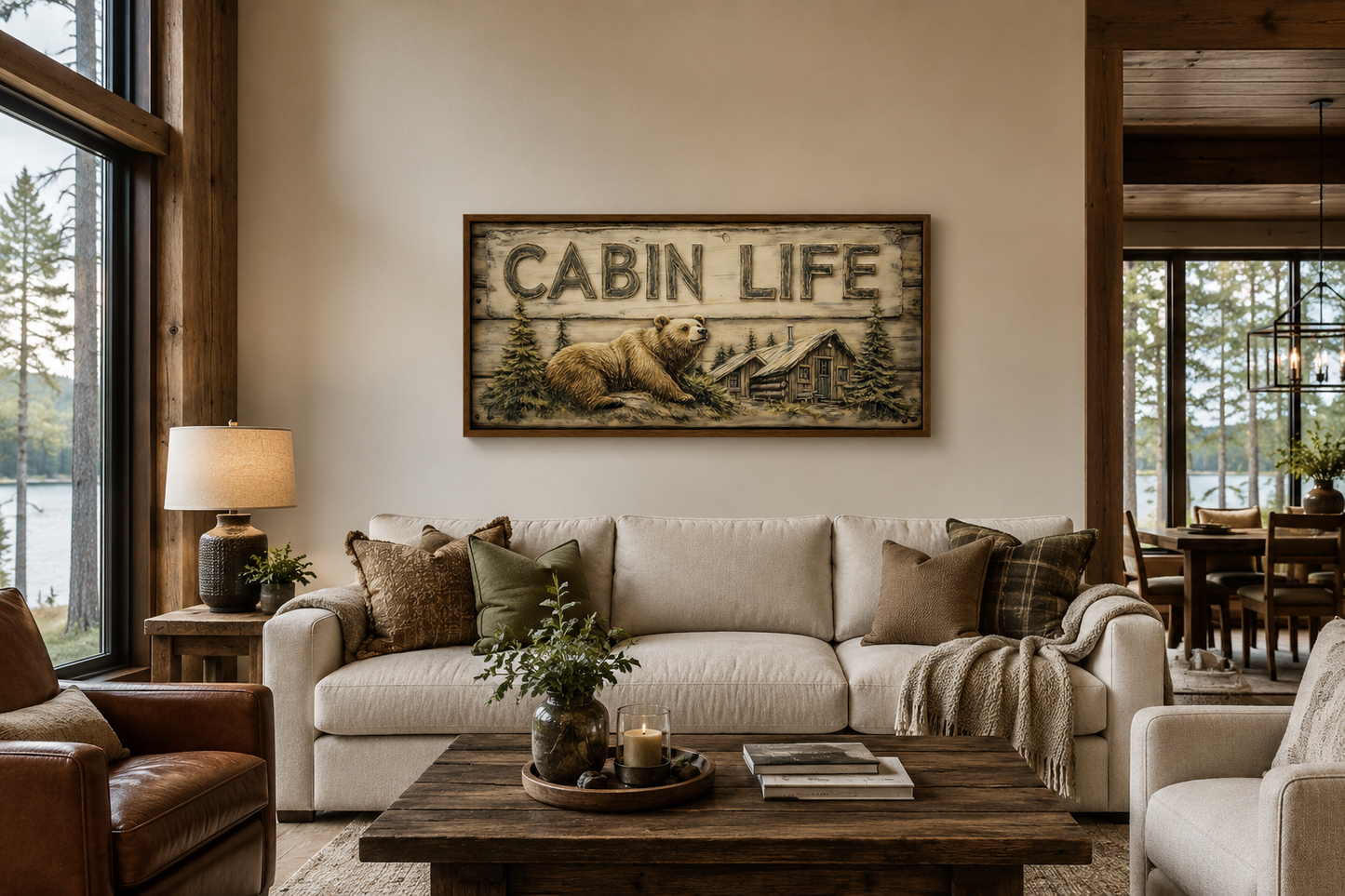 Cabin Life Sign With Log House And Bear Framed Canvas Wall Art