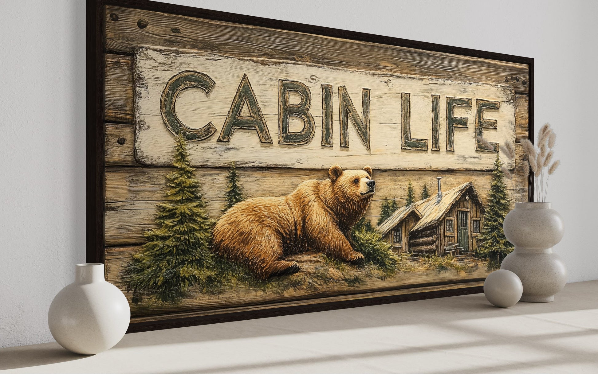 Cabin Life Sign With Log House And Bear Framed Canvas Wall Art